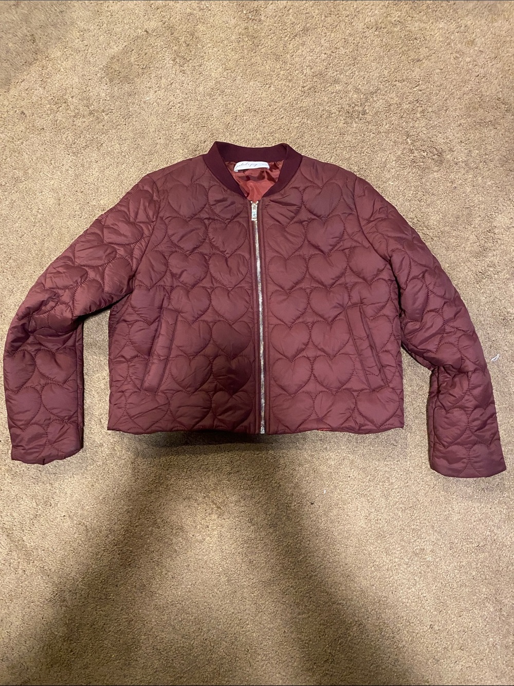 Petal & Pup Quilted Heart-Pattern Bomber Jacket in Burgundy